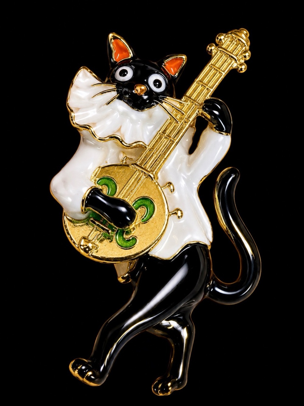 Black & White Cat with Gold Guitar Enamel Pin – Decorative Pet-Themed Accessory